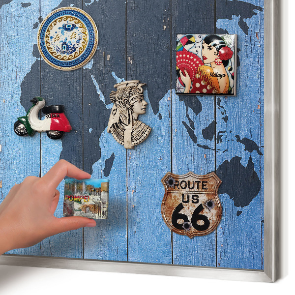 Souvenir magnet display board with a silver frame World map