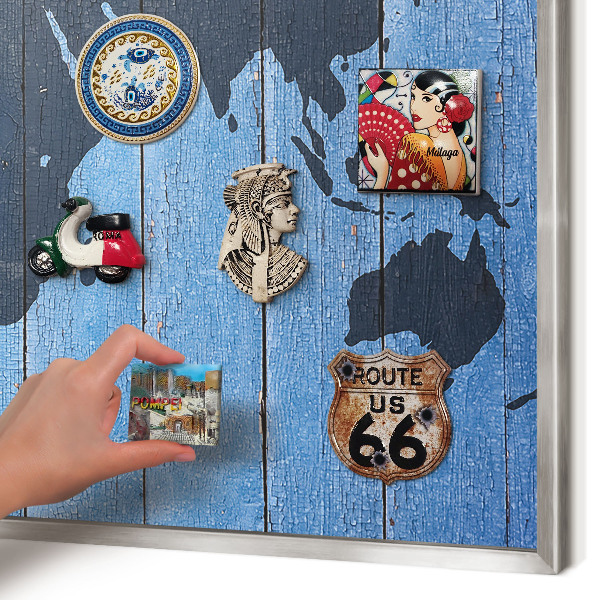 Souvenir magnet display board with a silver frame World map