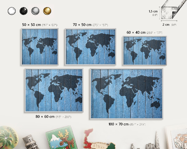Souvenir magnet display board with a silver frame World map