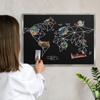 Souvenir magnet display board with a silver frame World map