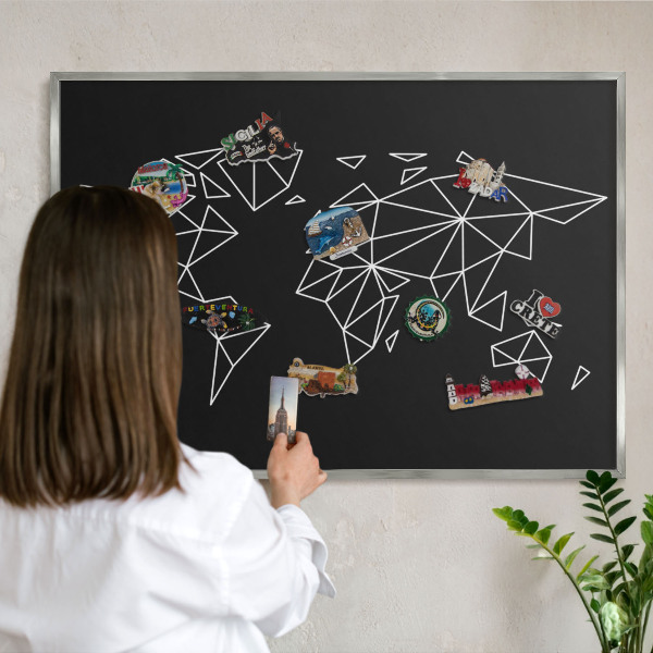 Souvenir magnet display board with a silver frame World map
