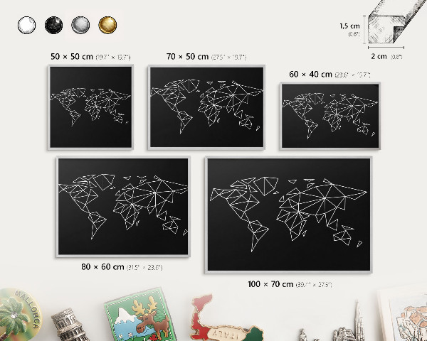 Souvenir magnet display board with a silver frame World map