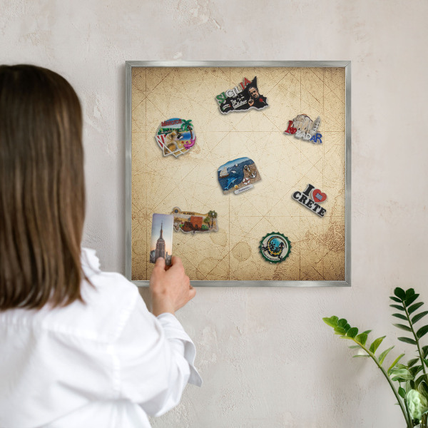 Souvenir magnet display board with a silver frame Ancient map
