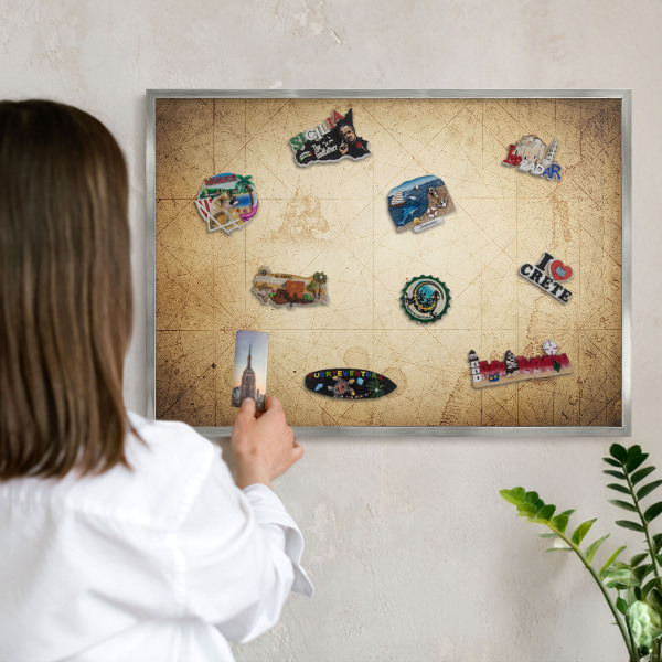 Souvenir magnet display board with a silver frame Ancient map