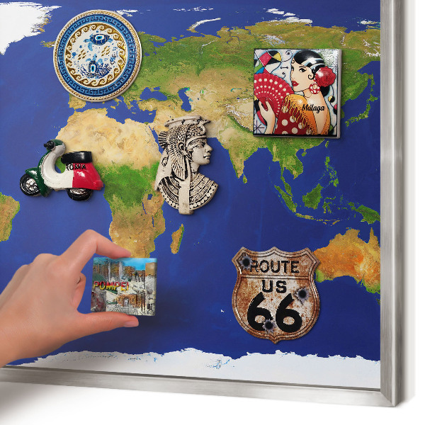 Printed magnet board in a silver frame Mapping the globe