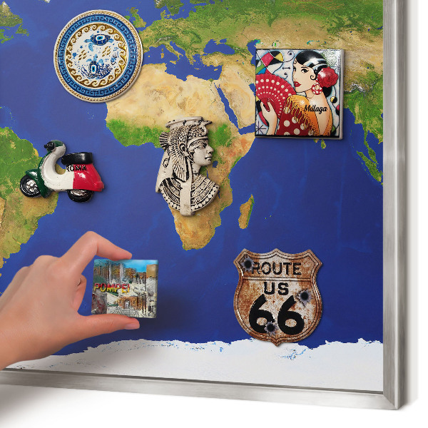 Printed magnet board in a silver frame Mapping the globe