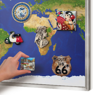 Printed magnet board in a silver frame Mapping the globe