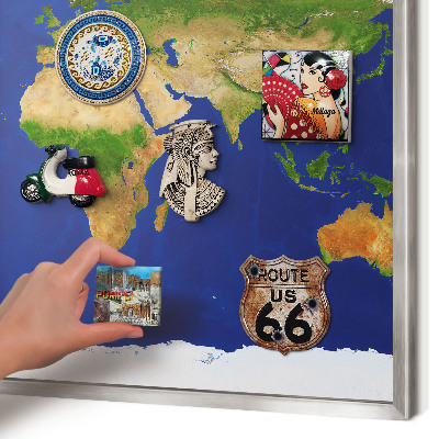 Printed magnet board in a silver frame Mapping the globe
