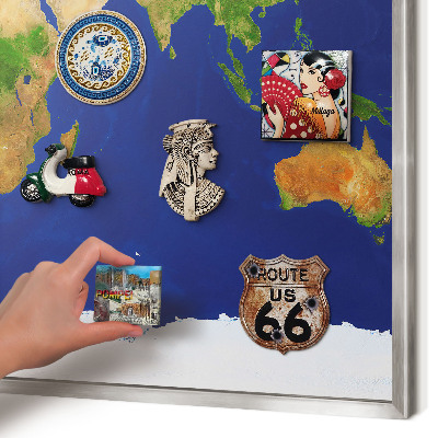 Printed magnet board in a silver frame Mapping the globe