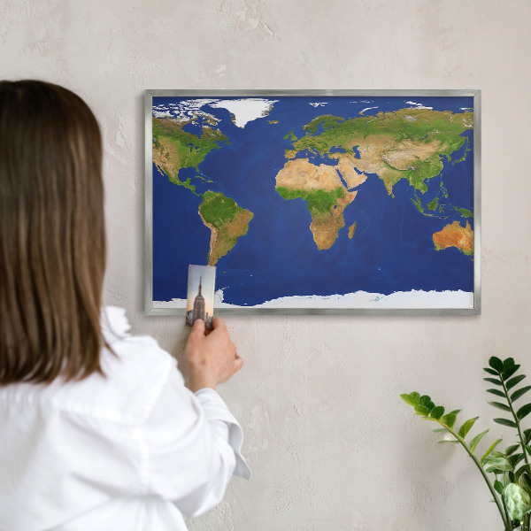 Printed magnet board in a silver frame Mapping the globe