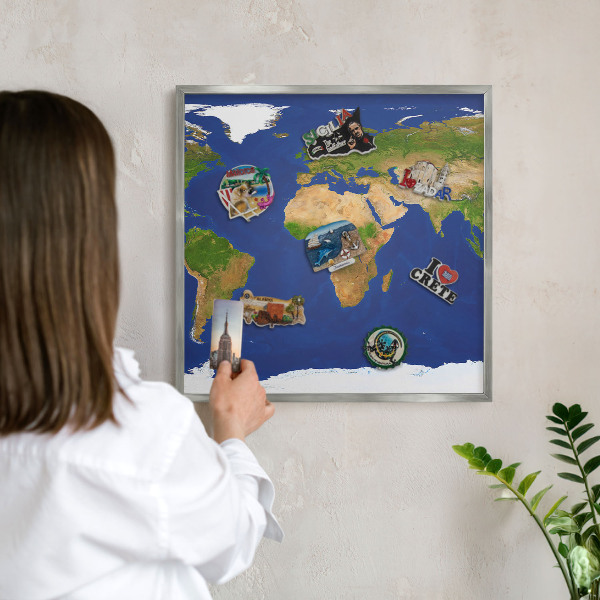 Printed magnet board in a silver frame Mapping the globe