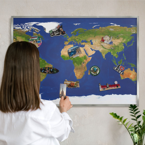 Printed magnet board in a silver frame Mapping the globe