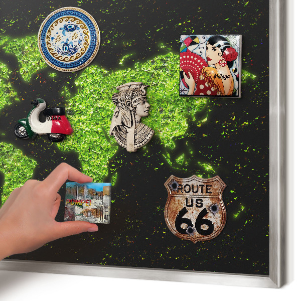 Souvenir magnet display board with a silver frame Green map