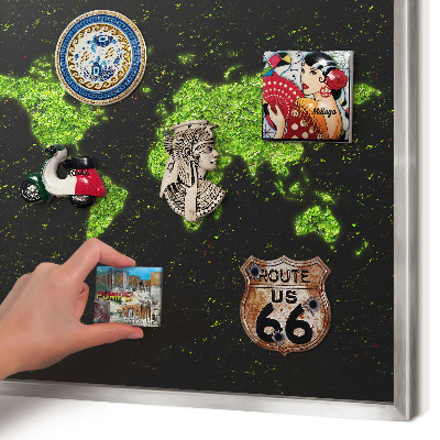 Souvenir magnet display board with a silver frame Green map