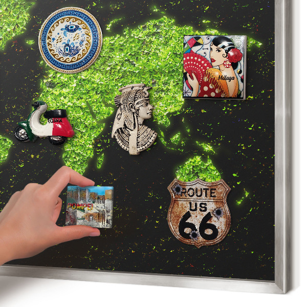 Souvenir magnet display board with a silver frame Green map