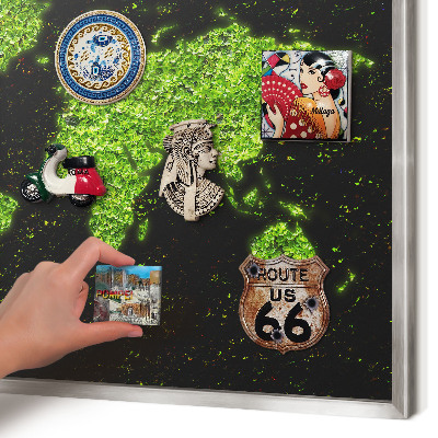 Souvenir magnet display board with a silver frame Green map