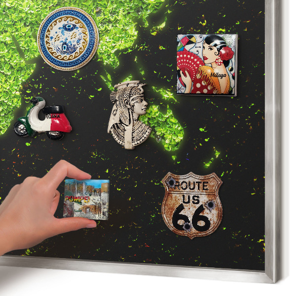 Souvenir magnet display board with a silver frame Green map