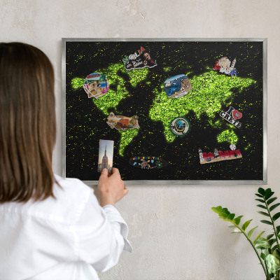 Souvenir magnet display board with a silver frame Green map