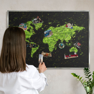 Souvenir magnet display board with a silver frame Green map