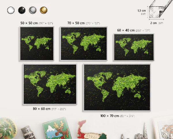 Souvenir magnet display board with a silver frame Green map