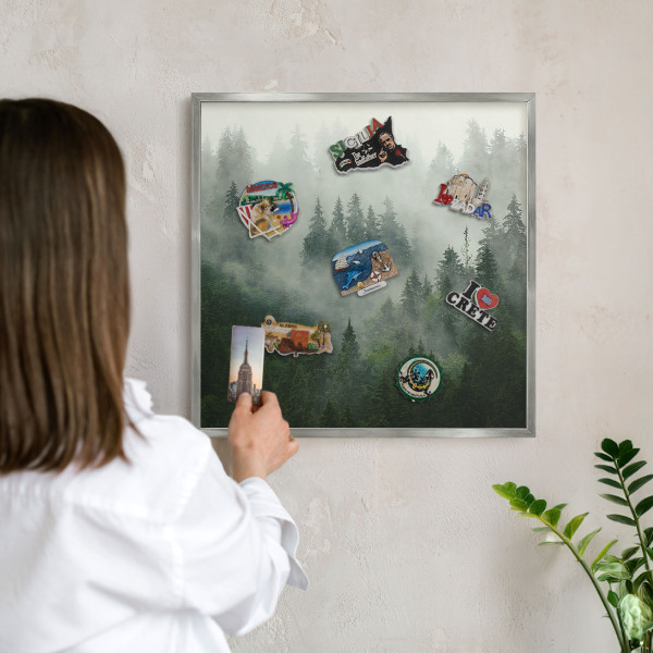 Souvenir magnet display board with a silver frame Forest magic