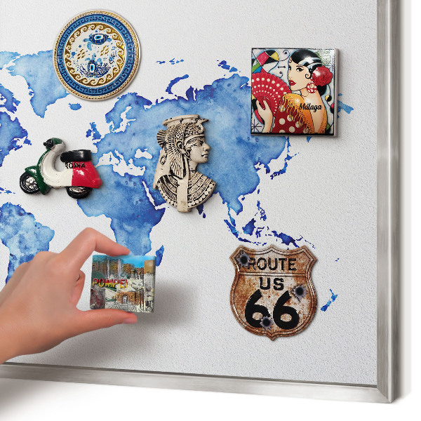 Souvenir magnet display board with a silver frame Watercolor map