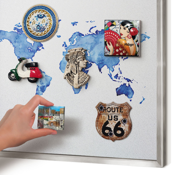Souvenir magnet display board with a silver frame Watercolor map