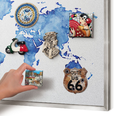 Souvenir magnet display board with a silver frame Watercolor map
