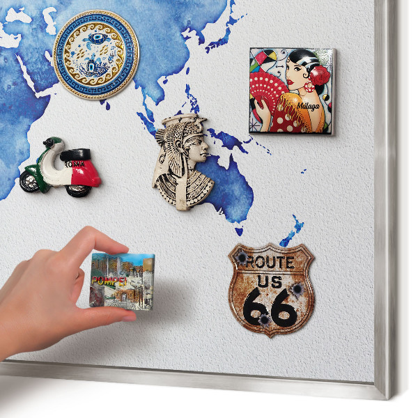 Souvenir magnet display board with a silver frame Watercolor map
