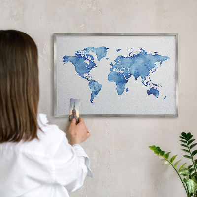 Souvenir magnet display board with a silver frame Watercolor map