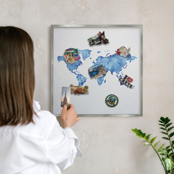 Souvenir magnet display board with a silver frame Watercolor map