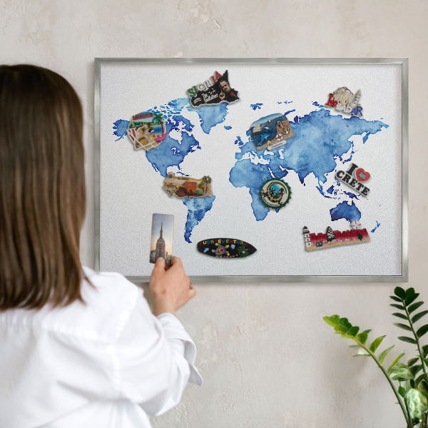 Souvenir magnet display board with a silver frame Watercolor map