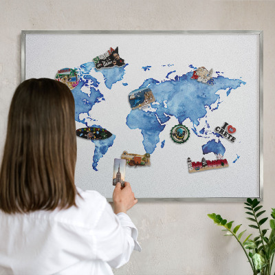 Souvenir magnet display board with a silver frame Watercolor map