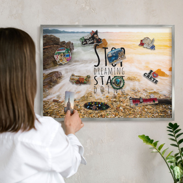 Souvenir magnet display board with a silver frame Coast theme