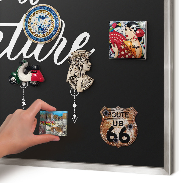 Printed magnet board in a silver frame Adventure awaits