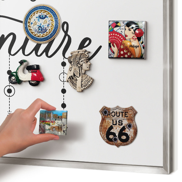 Souvenir magnet display board with a silver frame Mountain adventure