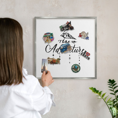 Souvenir magnet display board with a silver frame Mountain adventure