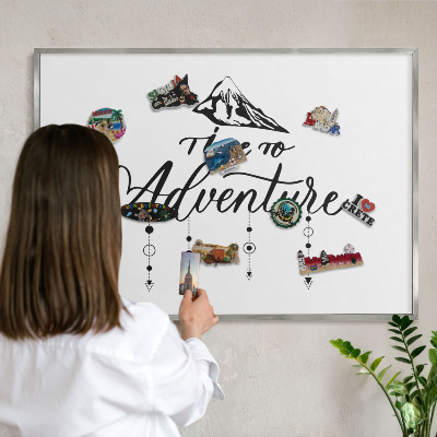 Souvenir magnet display board with a silver frame Mountain adventure