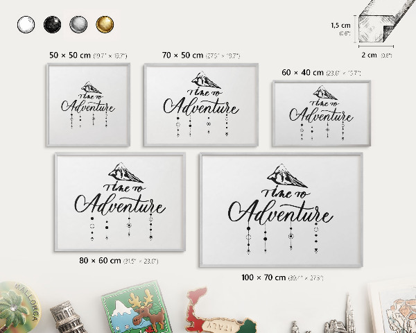 Souvenir magnet display board with a silver frame Mountain adventure