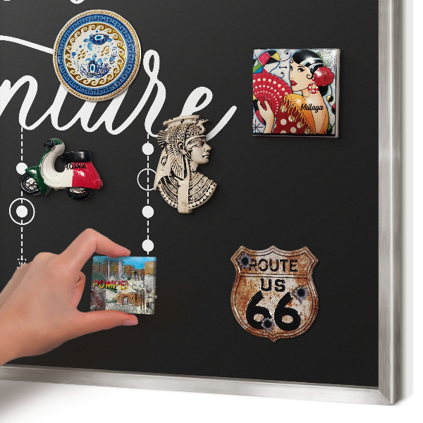 Printed magnet board in a silver frame Adventure awaits