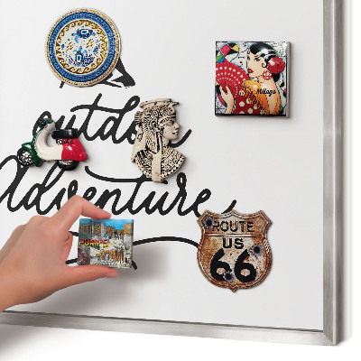 Souvenir magnet display board with a silver frame Mountain adventure