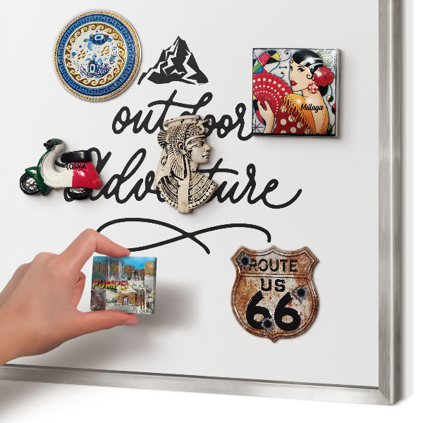 Souvenir magnet display board with a silver frame Mountain adventure