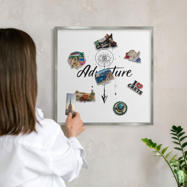 Souvenir magnet display board with a silver frame Adventure Theme