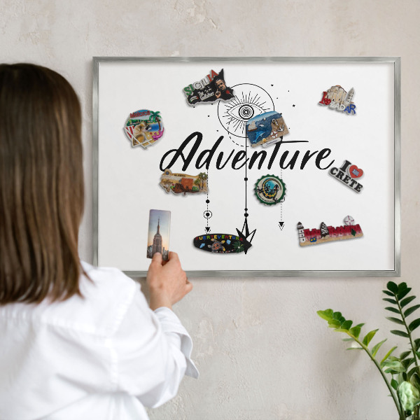 Souvenir magnet display board with a silver frame Adventure Theme