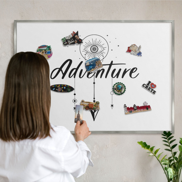 Souvenir magnet display board with a silver frame Adventure Theme