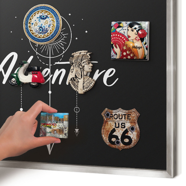 Printed magnet board in a silver frame Adventure awaits