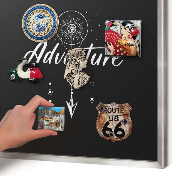 Printed magnet board in a silver frame Adventure awaits