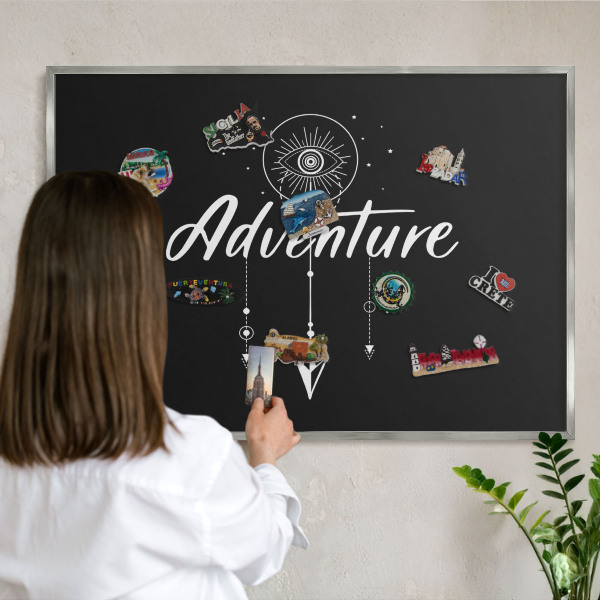 Printed magnet board in a silver frame Adventure awaits