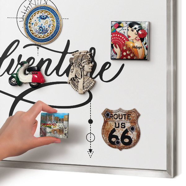 Souvenir magnet display board with a silver frame Typographic Adventure