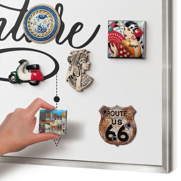 Souvenir magnet display board with a silver frame Typographic Adventure